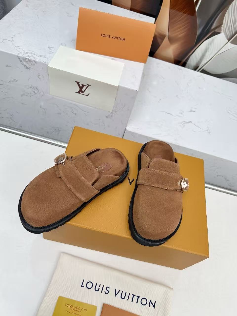 Brown suede mule slippers