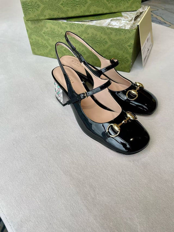 Horsebit rhinestone-embellished patent leather high-heeled Mary Jane sandals