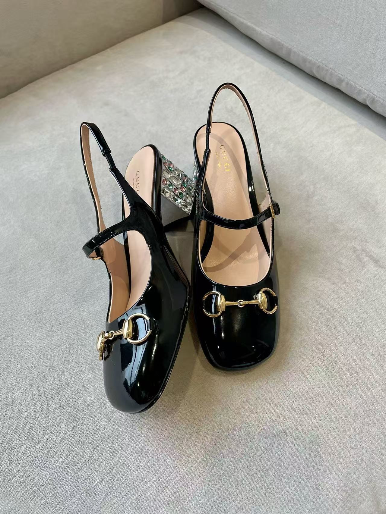 Horsebit rhinestone-embellished patent leather high-heeled Mary Jane sandals