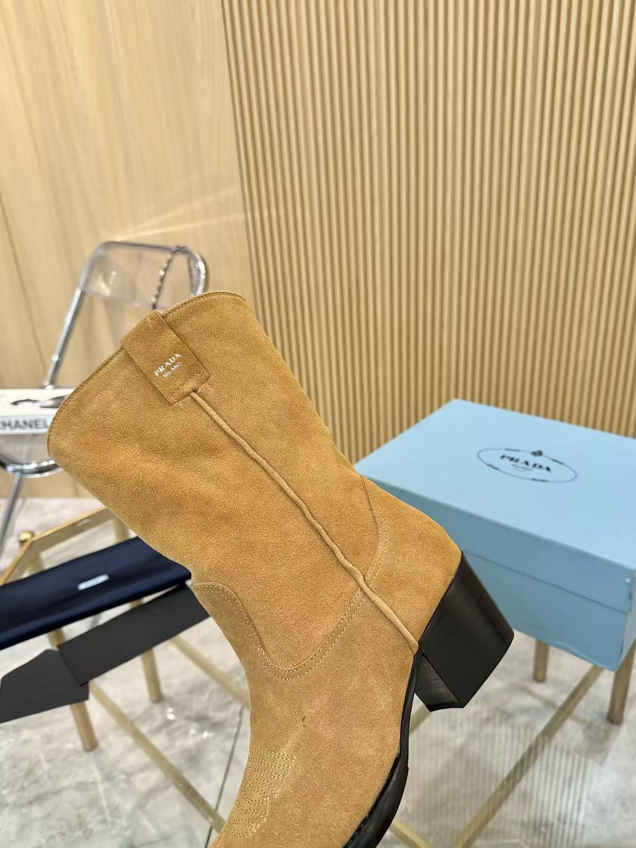 Khaki suede mid-calf boots